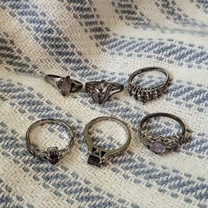 Set of 6 Amethyst/Purple stone rings Sz 6